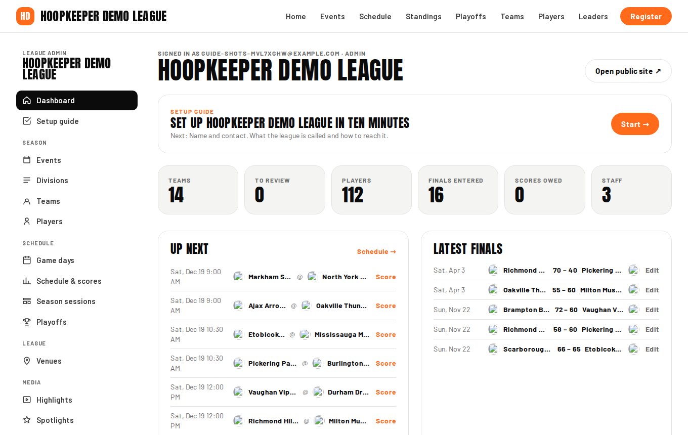 The dashboard after a season has been set up.