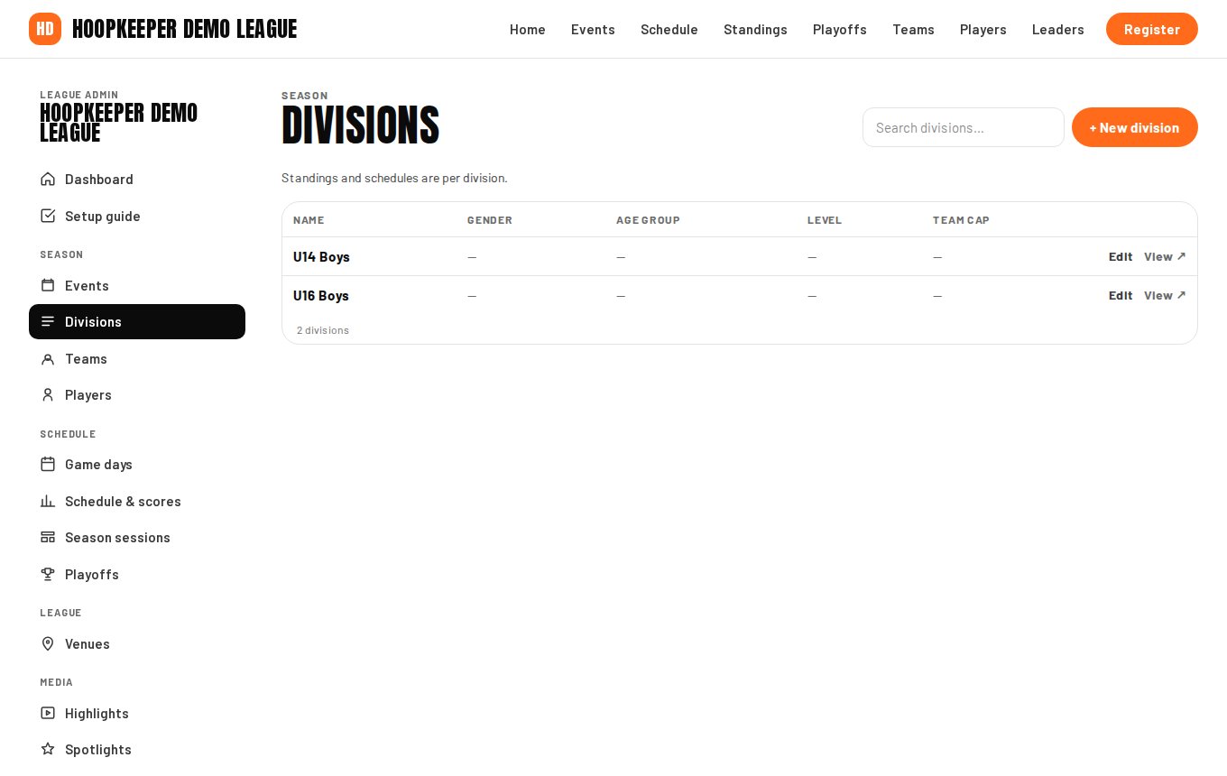 The divisions list.
