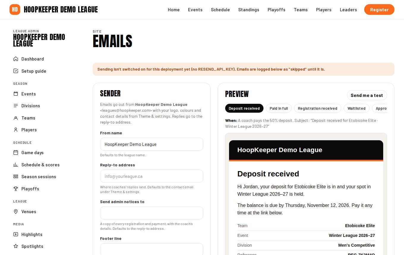 The Emails screen.