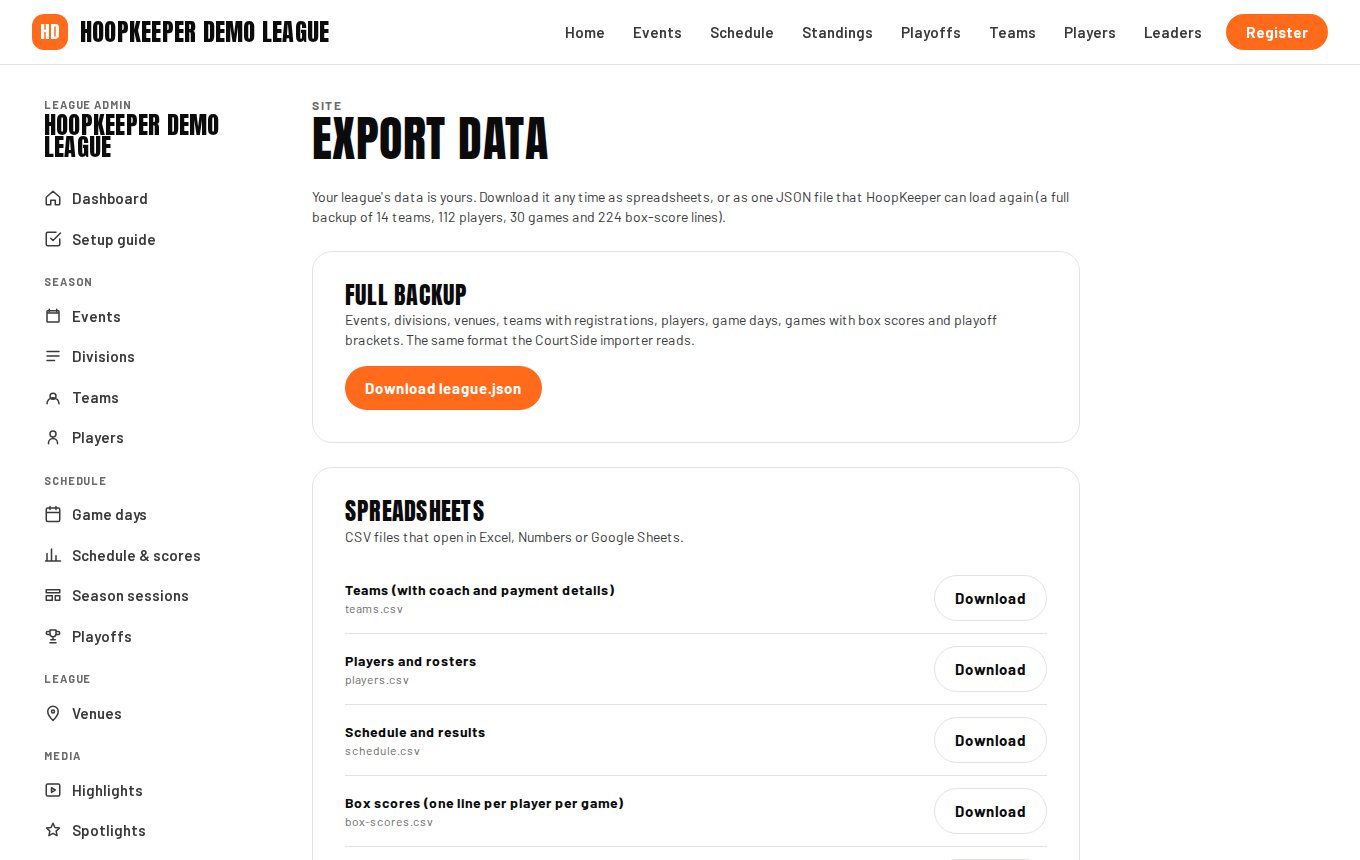 The Export data screen.
