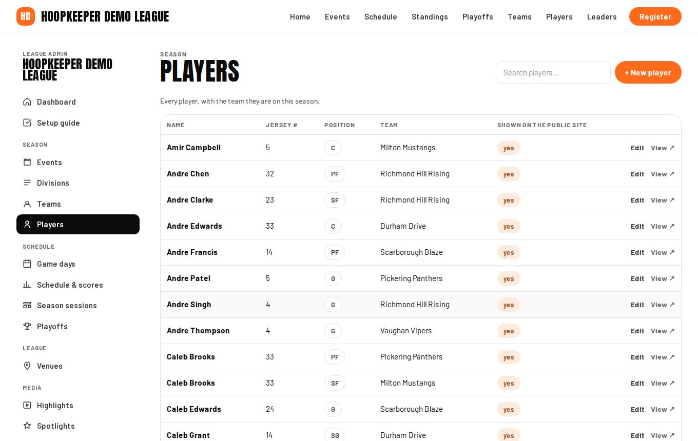 The players list, searchable by name.