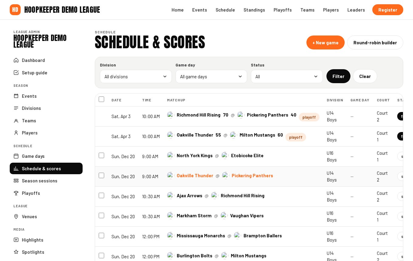 The schedule list with its filters.