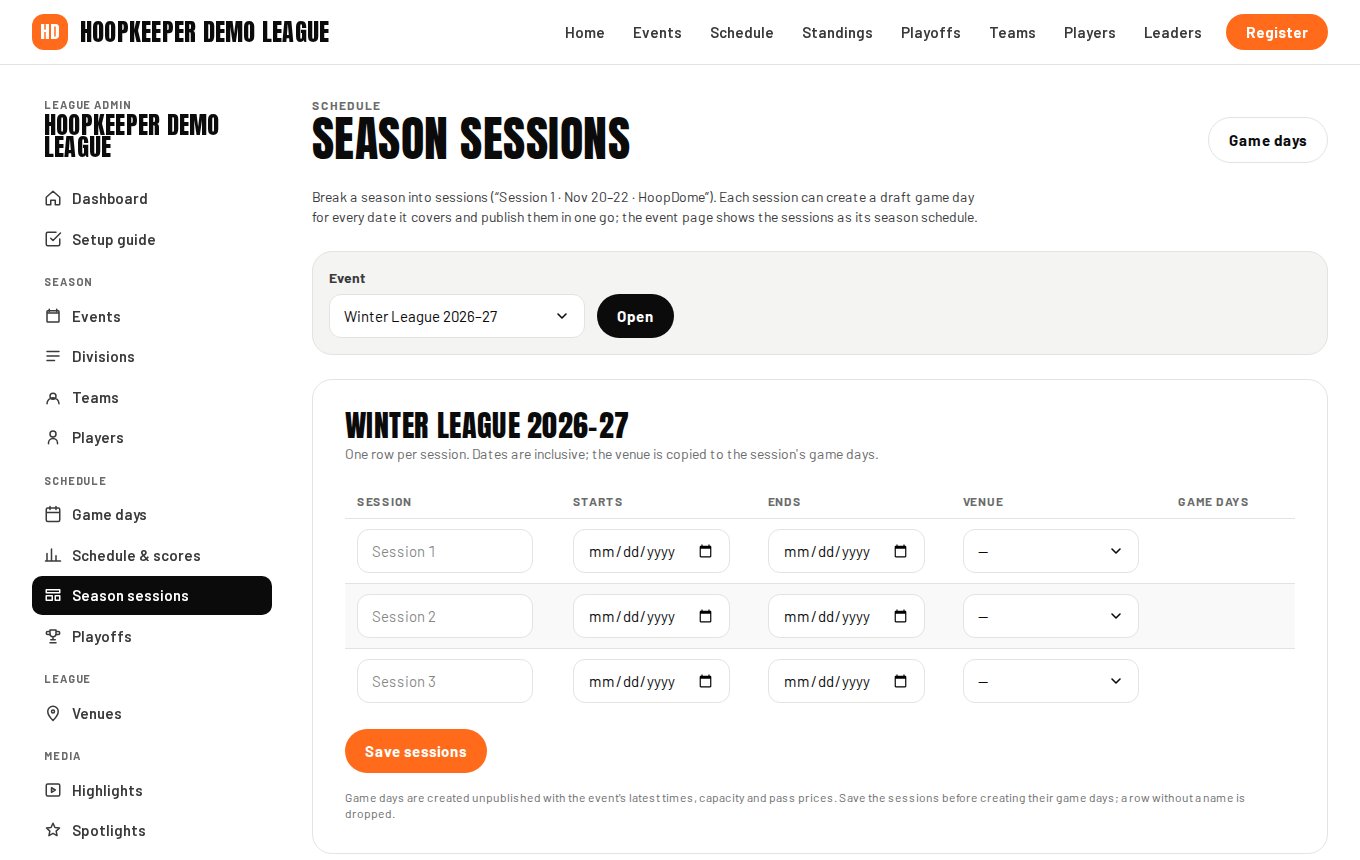 Season sessions for an event.