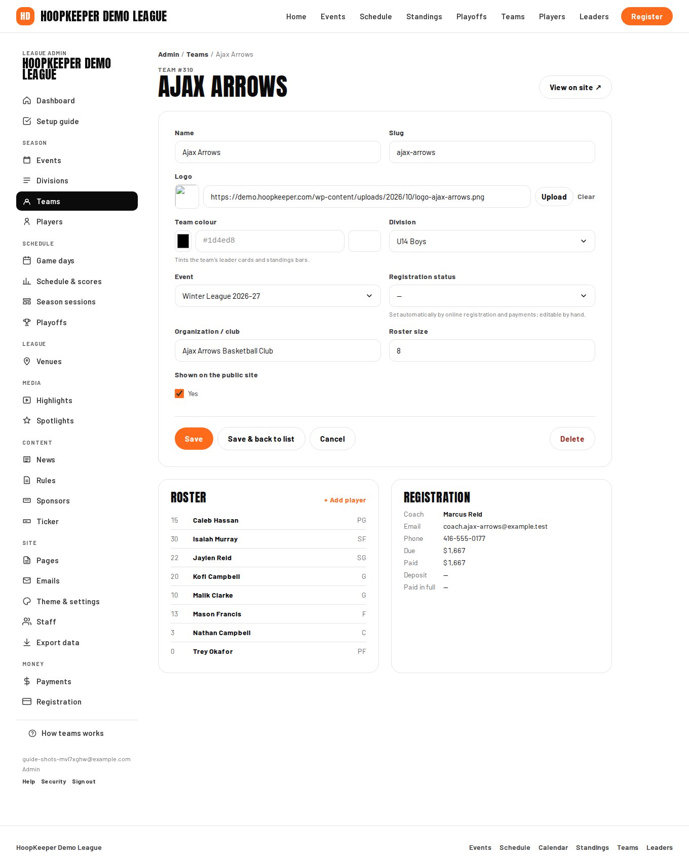 A team's edit page with its roster.