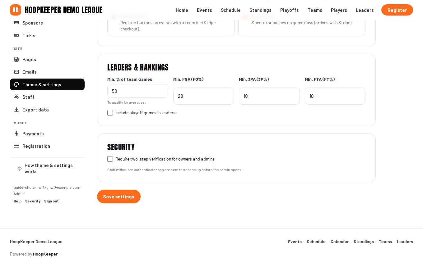 The Leaders & rankings settings under Theme & settings.