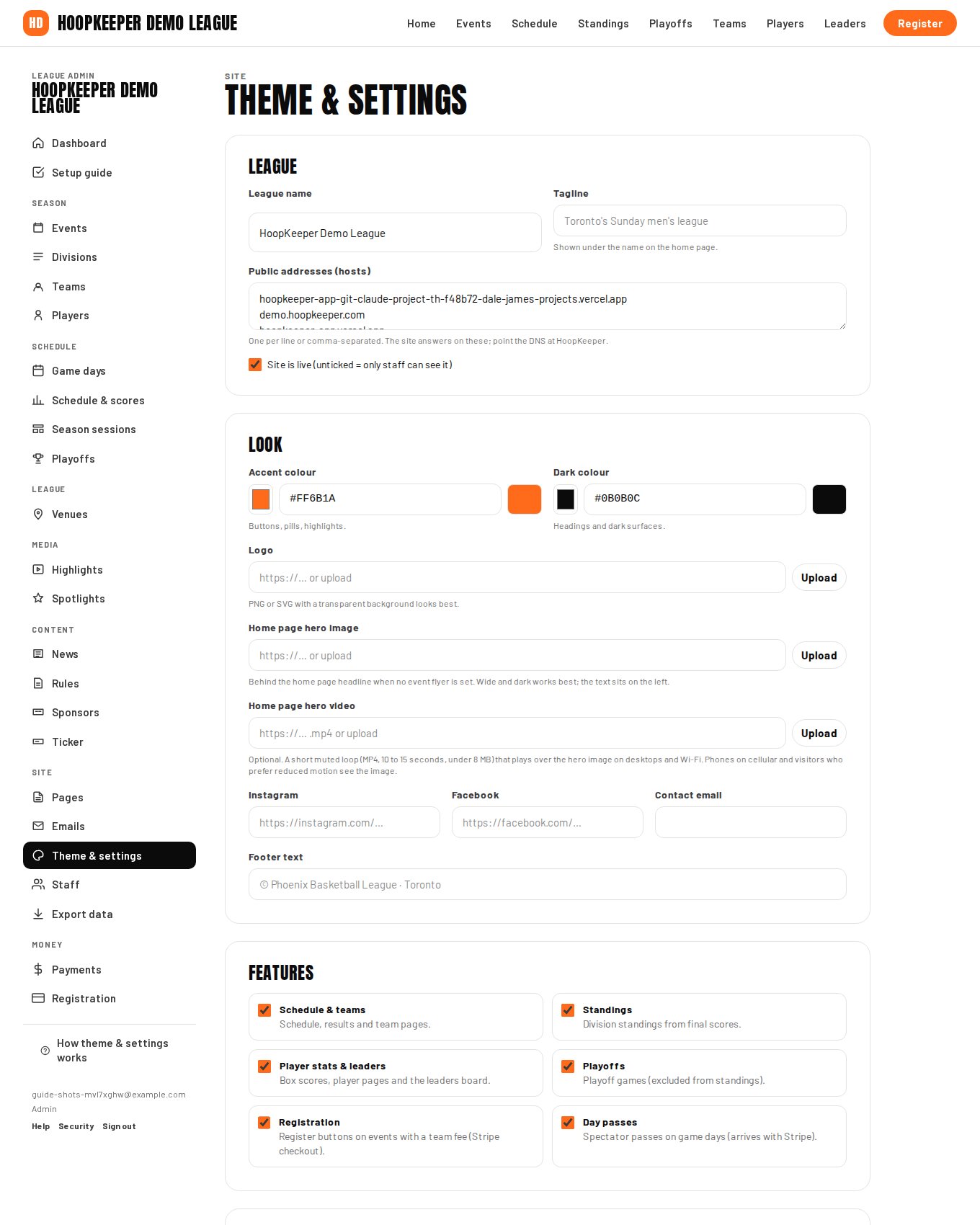The League section of Theme & settings.