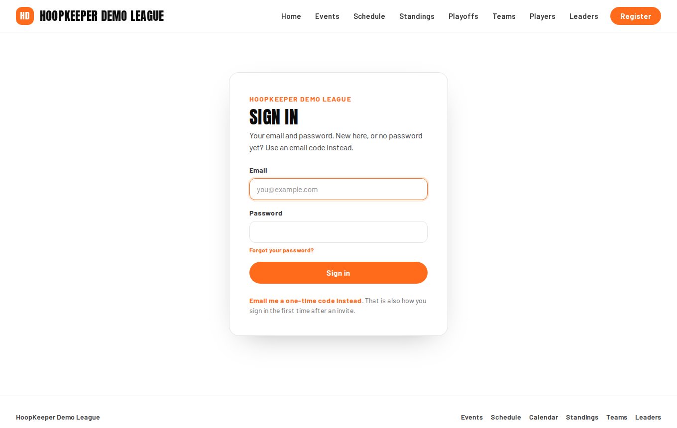 The league admin sign-in page.